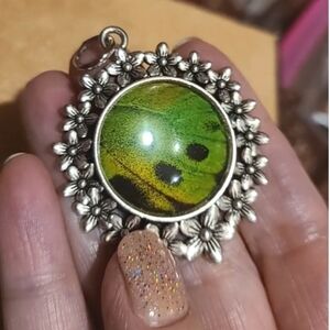 Real Butterfly Wing Floral Pendant Green